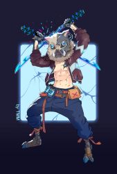 Rule 34 | 1boy, abs, artist name, belt, blue pants, boar mask, brown jacket, clash, crack, cyborg, dual wielding, explosive, facing viewer, fanny pack, fighting stance, full body, grenade, hands up, hashibira inosuke, highres, holding, holding sword, holding weapon, jacket, kimetsu no yaiba, legs apart, long sleeves, lulu yang, male focus, mechanical hands, mechanical legs, mechanical parts, navel, open clothes, open jacket, pants, pectorals, science fiction, see-through, solo, spikes, standing, sword, weapon