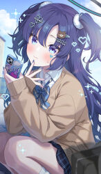 Rule 34 | 1girl, absurdres, alternate costume, ascot, bag, black skirt, blue archive, blue eyes, blush, cellphone, closed mouth, fingernails, hair ornament, hairpin, halo, heart, highres, holding, holding phone, long hair, looking at viewer, mechanical halo, momomoi momoi, nail polish, phone, pleated skirt, purple hair, purple nails, school bag, skirt, smartphone, socks, solo, squatting, two side up, white socks, yellow ascot, yuuka (blue archive)