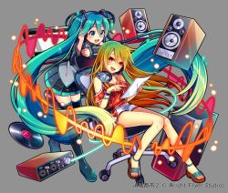 Rule 34 | 2girls, :d, absurdly long hair, aqua eyes, aqua hair, black footwear, black skirt, blonde hair, blush, boots, bracelet, breasts, cleavage, clothing cutout, commentary request, computer, computer tower, detached sleeves, gradient hair, green hair, grey background, grey shirt, hair between eyes, hand on headphones, hatsune miku, headphones, headphones around neck, highres, holding, holding paper, jewelry, leaning on object, long hair, looking at another, looking at viewer, miniskirt, multicolored hair, multiple girls, nou (nounknown), official art, open mouth, paper, pleated skirt, pointing, print shirt, record, red shirt, sandals, shirt, short shorts, short sleeves, shorts, shoulder cutout, shoumetsu toshi 2, skirt, smile, speaker, star (symbol), star print, swivel chair, thigh boots, thighhighs, tied shirt, twintails, very long hair, vocaloid, watermark, waveform, white shorts, yellow eyes