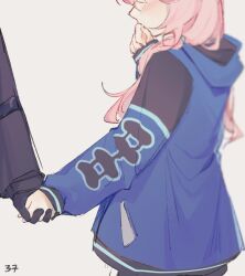 Rule 34 | 1girl, 1other, arknights, black gloves, blue jacket, blue poison (arknights), blush, commentary, doctor, embarrassed, from behind, gloves, hand up, head out of frame, hood, hooded jacket, jacket, long hair, long sleeves, low twintails, pink hair, ruri (dailybloopy), simple background, twintails, white background