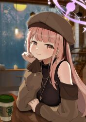 Rule 34 | 1girl, absurdres, alternate costume, bare shoulders, beret, black shirt, blue archive, brown hat, coffee cup, cup, disposable cup, domodomo0708, earrings, halo, hat, highres, jewelry, long hair, long sleeves, looking at viewer, mika (blue archive), necklace, pink hair, pink halo, shirt, solo, upper body, yellow eyes
