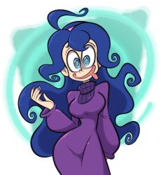 Rule 34 | abstract background, alternate breast size, blue hair, breasts, crazy eyes, creatures (company), dark blue hair, dress, game freak, hex maniac (pokemon), highres, large breasts, long hair, long sleeves, nintendo, pokemon, pokemon xy, purple dress, shenanimation, tongue, tongue out