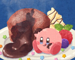 Rule 34 | :q, blue background, blue eyes, blueberry, blush stickers, cake, chocolate, chocolate cake, chocolate on hand, chocolate syrup, closed mouth, colored skin, commentary request, food, food focus, food on hand, fruit, kirby, kirby (series), leaf, miclot, nintendo, no humans, oversized food, oversized object, pink footwear, pink skin, plate, powdered sugar, raspberry, shadow, shoes, sitting, smile, solo, sparkling eyes, star (symbol), steam, tongue, tongue out, valentine, whipped cream