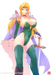 Rule 34 | 1990s (style), 1girl, arm support, armor, blonde hair, boots, breasts, brick wall, bridal gauntlets, bursting breasts, cape, celes chere, cleavage, covered erect nipples, covered navel, cross-laced clothes, cross-laced legwear, final fantasy, final fantasy vi, green eyes, green thighhighs, haganef, hand on hilt, headband, highleg, highleg leotard, highres, large breasts, leotard, light smile, long hair, looking at viewer, pauldrons, planted, planted sword, planted weapon, retro artstyle, shoulder armor, simple background, smile, solo, standing, strapless, strapless leotard, sword, thigh boots, thighhighs, weapon, white background