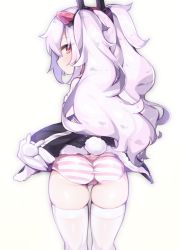 Rule 34 | 1girl, absurdres, ass, azur lane, black dress, clothes lift, dress, dress lift, from behind, hairband, highres, laffey (azur lane), laffey (retrofit) (azur lane), lifted by self, long hair, looking back, panties, pink hair, pink panties, red eyes, short dress, simple background, skindentation, sleeves past wrists, solo, striped clothes, striped panties, thighhighs, tomo (ryo i so ), twintails, underwear, white background, white thighhighs