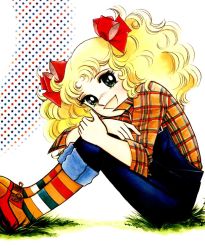 Rule 34 | 1970s (style), 1girl, blonde hair, bow, candice white ardlay, candy candy (series), dress, female focus, grass, green eyes, hair bow, highres, hugging own legs, igarashi yumiko, looking at viewer, official art, oldschool, open mouth, pants, pants rolled up, pinafore dress, retro artstyle, sitting, sleeveless, sleeveless dress, sleeves rolled up, smile, socks, solo, star (symbol), starry background, striped clothes, striped socks, toei animation, twintails