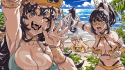 Rule 34 | 3girls, animal, armband, baseball cap, beach, beach chair, beaver, bikini, breasts, cellphone, choker, cleavage, cloud, fang, fern, from behind, gloves, grey eyes, hat, holding, holding phone, innertube, ireading, lanmei, large breasts, long hair, multiple girls, navel, ocean, one eye closed, open mouth, original, outdoors, outstretched arm, phone, sand, selfie, shore, sitting, smartphone, standing, sweat, swim ring, swimsuit, sword, taking picture, tree, v, very long hair, water, weapon, whistle, white gloves