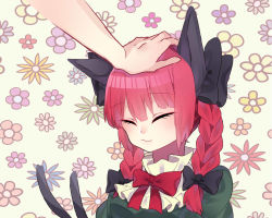 Rule 34 | 1girl, 1other, :3, animal ears, black bow, blunt bangs, blush, bow, bowtie, braid, cat ears, cat tail, closed eyes, closed mouth, dress, eyelashes, eyeshadow, floral background, frills, green dress, hair bow, hair ribbon, headpat, juliet sleeves, kaenbyou rin, long hair, long sleeves, makeup, multiple tails, nekomata, puffy sleeves, red bow, red bowtie, red hair, renka (sutegoma25), ribbon, simple background, solo focus, tail, touhou, tress ribbon, twin braids, twintails, two tails, upper body, white background