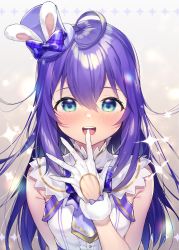 Rule 34 | 1girl, absurdres, ahoge, blue eyes, blush, commentary request, finger to mouth, hair between eyes, hat, highres, idolmaster, idolmaster million live!, long hair, looking at viewer, mini hat, mini top hat, mochizuki anna, open mouth, purple hair, shennai misha, sleeveless, solo, sparkle, top hat, upper body