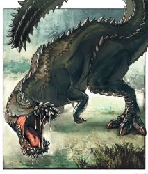 Rule 34 | bone, claws, day, deviljho, dinosaur, dragon, drooling, from above, grass, looking afar, monster hunter (series), no humans, open mouth, outdoors, scales, sharp teeth, solo, spikes, standing, teeth, tongue, udakyo