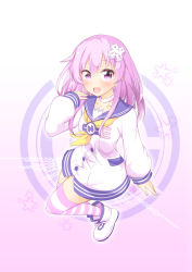 Rule 34 | 1girl, :d, absurdres, blush, choker, d-pad, d-pad hair ornament, dress, full body, hair between eyes, hair ornament, hand up, highres, long hair, looking at viewer, moesode i, neckerchief, nepgear, neptune (series), open mouth, purple background, sailor dress, smile, solo, sparkling eyes, star (symbol), starry background, striped clothes, striped thighhighs, thighhighs, white choker, yellow neckerchief
