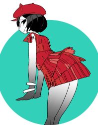 Rule 34 | 1girl, black eyes, black hair, closed mouth, colored skin, dress, from side, idkuroi, kokubunji suou, leaning forward, legs together, looking at viewer, looking to the side, mole, mole under mouth, original, red dress, red headwear, short hair, sideways glance, smile, solo, standing, white skin, wristband