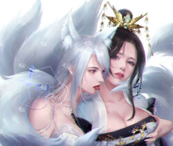 Rule 34 | 2girls, back hair, bare shoulders, breasts, fox girl, groping, hair bun, hair ornament, jewelry, ka qiao, large breasts, long hair, looking to the side, multiple girls, necklace, original, parted lips, sexually suggestive, teeth, tongue, upper body, watermark, white background, white hair