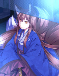 Rule 34 | 1girl, alternate color, alternate costume, alternate hair color, alternate hair length, alternate hairstyle, animal ears, brown eyes, hand fan, folding fan, fox ears, fox tail, japanese clothes, long hair, looking at viewer, multiple tails, red eyes, sitting, solo, tail, tamahana, touhou, very long hair, yakumo ran