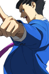 Rule 34 | 1boy, ace attorney, black hair, blue eyes, blue jacket, formal, highres, jacket, long sleeves, looking at viewer, necktie, open mouth, phoenix wright, pink necktie, pointing, pointing at viewer, profile, roku (bb8800xx), short hair, simple background, solo, spiked hair, suit, white background