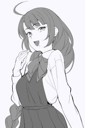 Rule 34 | 1girl, ahoge, bow, bowtie, braid, dress, dress shirt, greyscale, halterneck, highres, kantai collection, long hair, long sleeves, looking at viewer, mole, mole under mouth, monochrome, open mouth, school uniform, shingyou (alexander-13), shirt, simple background, single braid, smile, solo, yuugumo (kancolle)