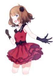 Rule 34 | 10s, 1girl, black gloves, blue eyes, blush, brown hair, dress, flower, gloves, hair flower, hair ornament, idolmaster, idolmaster million live!, jewelry, looking at viewer, mimizubare, necklace, one eye closed, open mouth, pearl necklace, short hair, skirt, smile, solo, suou momoko