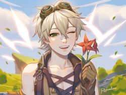 Rule 34 | 1boy, bandaid, bandaid on face, bandaid on nose, bennett (genshin impact), cloud, cloudy sky, collarbone, day, flower, genshin impact, gloves, goggles, goggles on head, green eyes, hair between eyes, highres, holding, holding flower, leaf, looking at viewer, male focus, one eye closed, open mouth, outdoors, red flower, rezoeline, scar, scar on face, sky, sleeveless, smile, solo, white hair