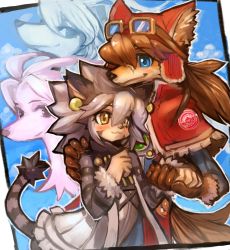 Rule 34 | 1boy, 1girl, animal ears, arm around shoulder, blanc (solatorobo), blue eyes, blush, border, brown gloves, capelet, cat ears, cat girl, cat tail, cloud, dakusuta, dog ears, earrings, elh melizee, facial mark, fur trim, furry, furry female, furry male, gloves, goggles, goggles on head, hair between eyes, hand grab, hand on another&#039;s shoulder, height difference, highres, jewelry, little tail bronx, long hair, nero (solatorbo), outside border, red capelet, red savarin, short hair, smile, solatorobo, tail, yellow eyes