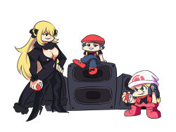 Rule 34 | 1boy, 2girls, amplifier, arm support, ball, blonde hair, breasts, chibi, cleavage, coattails, creatures (company), cynthia (pokemon), dawn (pokemon), friday night funkin&#039;, game freak, hand in pocket, hat, highres, holding, holding ball, holding poke ball, looking at another, lucas (pokemon), microphone, multiple girls, nintendo, parody, poke ball, poke ball (basic), pokemon, pokemon bdsp, pokemon dppt, scarf, simple background, skirt, style parody, tina fate, white background