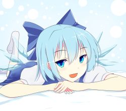Rule 34 | 1girl, :d, aqua hair, bad id, bad pixiv id, blue eyes, blush, bow, cirno, gradient background, hair bow, head rest, hifumiyo, ice, ice wings, kneehighs, leg up, lying, naughty face, on stomach, open mouth, polka dot, polka dot background, puffy short sleeves, puffy sleeves, seductive smile, short hair, short sleeves, smile, smug, socks, solo, touhou, white socks, wings