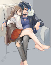 Rule 34 | 2girls, ahoge, armchair, barefoot, blue hair, brown hair, chair, choker, closed eyes, denim, feathers, fongban illust, hair intakes, hair ornament, highres, hololive, hololive english, jacket, jeans, long hair, multicolored hair, multiple girls, nanashi mumei, ouro kronii, pants, ponytail, short hair, sleeping, sleeping on person, streaked hair, torn clothes, torn jeans, torn pants, very long hair, virtual youtuber