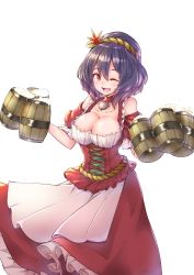 Rule 34 | 1girl, absurdres, alcohol, alternate costume, bare shoulders, beer, blush, breasts, cleavage, collarbone, dirndl, dress, german clothes, highres, kushidama minaka, large breasts, looking at viewer, oktoberfest, one eye closed, open mouth, purple hair, red eyes, short hair, simple background, smile, solo, standing, touhou, transparent background, white background, yasaka kanako
