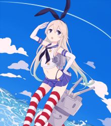 Rule 34 | 10s, 1girl, :o, bad id, bad pixiv id, bent over, blonde hair, blue eyes, cloud, day, gloves, hairband, hand on own hip, kantai collection, kise (swimmt), long hair, midriff, navel, ocean, rensouhou-chan, ribbon, sailor collar, shading eyes, shimakaze (kancolle), sky, solo, striped clothes, striped thighhighs, thighhighs, zettai ryouiki