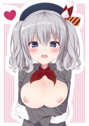 Rule 34 | 10s, 1girl, :d, blue eyes, blush, breast hold, breasts squeezed together, breasts, fuji yoshida, gloves, hat, heart, heart-shaped pupils, highres, kantai collection, kashima (kancolle), military, military uniform, nipples, open mouth, silver hair, smile, solo, striped, striped background, symbol-shaped pupils, uniform, upper body, vertical stripes, wavy hair