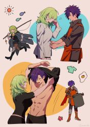 Rule 34 | 1boy, 1girl, abs, apron, armor, arms up, black cape, black footwear, black shirt, black shorts, boots, breasts, brown pantyhose, buttons, byleth (female) (fire emblem), byleth (fire emblem), cape, chibi, closed eyes, closed mouth, collared shirt, commentary request, enlightened byleth (female), fire emblem, fire emblem: three houses, fire emblem warriors: three hopes, fishing rod, green eyes, green hair, hair over one eye, highres, holding, holding fishing rod, long hair, long sleeves, medium breasts, muscular, muscular male, navel, nintendo, nzmnnkk, one eye covered, orange apron, orange footwear, pantyhose, pout, purple eyes, purple hair, shez (fire emblem), shez (male) (fire emblem), shirt, short hair, short sleeves, shorts, shoulder armor, smile, stomach, sweatdrop, topless male, undressing another, white shirt