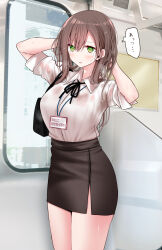 Rule 34 | 1girl, @ @, arms up, bag, bare legs, black ribbon, black skirt, blush, breasts, brown hair, commentary request, feet out of frame, fine fabric emphasis, green eyes, highres, id card, indoors, large breasts, long hair, looking at viewer, messy hair, neck ribbon, office lady, ol-chan (oouso), oouso, open mouth, original, pantyhose, pencil skirt, photo background, ribbon, see-through, see-through legwear, shirt, shirt tucked in, short sleeves, shoulder bag, skirt, solo, stain, stained clothes, standing, sweat, sweatdrop, sweaty clothes, thighs, thought bubble, torn clothes, torn pantyhose, train interior, translated, wet, wet clothes, wet shirt, white pantyhose, white shirt