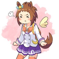 Rule 34 | &gt; &lt;, 1girl, :t, animal ears, biko pegasus (umamusume), blush stickers, breasts, brown hair, buttons, clenched hands, cowboy shot, detached wings, double-breasted, highres, horse ears, horse girl, horse tail, jacket, long sleeves, miniskirt, ooishi oil, orange thighhighs, pout, puff of air, purple skirt, short hair, skirt, small breasts, solo, tail, thighhighs, umamusume, white jacket, wings