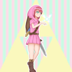 Rule 34 | 1girl, aqua eyes, artist name, artist request, bare legs, blush, boots, brown footwear, collared shirt, cosplay, fairy, female focus, green eyes, hair between eyes, highres, holding, holding sword, holding weapon, hood, hood up, kurosawa ruby, link (cosplay), looking at viewer, love live!, love live! sunshine!!, minami izumi325, nintendo, parted lips, pink shirt, pink skirt, red hair, shield, shirt, short hair, skirt, smile, solo, sword, the legend of zelda, weapon