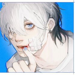 Rule 34 | 1boy, bandage on face, bandages, black hair, blood, blood in mouth, blue background, blue eyes, blue nails, earrings, hair between eyes, hair over one eye, hand to own mouth, jewelry, kuroda shigeru, looking at viewer, male focus, multicolored hair, nail polish, original, portrait, short hair, solo, star (symbol), star earrings, twitter username, white hair