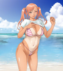 Rule 34 | 1girl, ;), ;d, bad id, bad pixiv id, beach, bikini, blush, breast suppress, breasts, brown eyes, cleavage, clenched hand, closed mouth, clothes lift, cloud, covered erect nipples, day, halterneck, head tilt, kyoukei (namaiki chibi), large breasts, leaning forward, long hair, micro bikini, navel, o-ring, o-ring bottom, one-piece tan, one eye closed, open mouth, orange hair, original, outdoors, shiny skin, shirt lift, short sleeves, sky, smile, solo, standing, striped bikini, striped clothes, swept bangs, swimsuit, tan, tanline, twintails, water