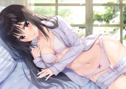 Rule 34 | 1girl, black hair, bra, breasts, cleavage, clothes pull, collarbone, day, grey bra, grey panties, indoors, long hair, long sleeves, looking at viewer, loungewear, lying, medium breasts, navel, on side, open clothes, open shirt, original, oryo (oryo04), panties, parted lips, pillow, purple eyes, short shorts, shorts, shorts pull, solo, stomach, sunlight, underwear, window