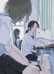 Rule 34 | 3girls, absurdres, black hair, black neckwear, black skirt, blue eyes, book, brown hair, chair, classroom, collared shirt, curtains, desk, dress shirt, english text, fang, grey legwear, hands on lap, hard-translated, highres, holding, holding book, holding phone, indoors, kuwabara (medetaya), long hair, long sleeves, looking at another, medium hair, multiple girls, necktie, open book, open collar, open mouth, original, pen, phone, pleated skirt, ponytail, profile, school chair, school desk, school uniform, shirt, short sleeves, skirt, socks, third-party edit, tongue, tongue out, white shirt, window
