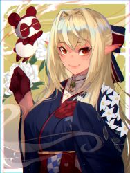 Rule 34 | 1girl, absurdres, bad id, bad pixiv id, blonde hair, breasts, brooch, chromatic aberration, closed mouth, commentary request, dark-skinned female, dark skin, elf, floral background, floral print, flower, gloves, hair between eyes, hair intakes, hair ribbon, hand on own chest, highres, holding, hololive, japanese clothes, jewelry, kimono, kurogane tekki, large breasts, long hair, long sleeves, looking to the side, pointy ears, red eyes, red gloves, ribbon, shiranui flare, shiranui flare (new year), smile, solo, upper body, virtual youtuber, wide sleeves