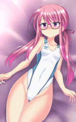 1girl breasts competition_swimsuit covered_navel cowboy_shot highleg highleg_one-piece_swimsuit highres hizuki_aki low_twintails lying multicolored_clothes multicolored_swimsuit one-piece_swimsuit original pink_hair purple_eyes small_breasts solo swimsuit thigh_gap twintails white_one-piece_swimsuit