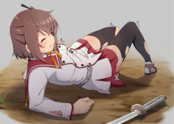 Rule 34 | 1girl, arm support, black ribbon, black thighhighs, breasts, brown hair, buttons, closed eyes, commentary request, commission, dirty, dirty clothes, dirty hands, double-breasted, etou kanami, full body, grey background, hair ribbon, jacket, katana, knees up, long sleeves, lying, medium breasts, miniskirt, minoseki gakuin uniform, motsutoko, neck ribbon, on back, on ground, one side up, orange ribbon, outdoors, parted lips, pleated skirt, red skirt, ribbon, school uniform, shadow, shoes, short hair, skeb commission, skirt, solo, sweatdrop, sword, thighhighs, toji no miko, torn clothes, torn jacket, torn skirt, torn thighhighs, trembling, v-shaped eyebrows, weapon, white footwear, white jacket, zettai ryouiki