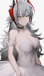 Rule 34 | 1girl, absurdres, alternate costume, alternate hair length, alternate hairstyle, antennae, arknights, arm cuffs, ballerina, black collar, breasts, cleavage, collar, covered navel, demon horns, dress, grey hair, hair ornament, highres, horns, hyakutarou (momotar0 4), large breasts, long hair, looking at viewer, simple background, solo, strapless, strapless dress, tutu, upper body, w (arknights), white background, white dress, yellow eyes