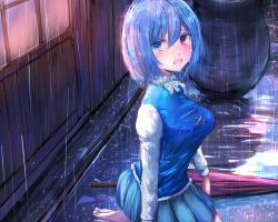 Rule 34 | 1girl, aqua eyes, aqua hair, aqua skirt, blue vest, breasts, check commentary, commentary request, crying, crying with eyes open, heterochromia, mame (mame3737), medium breasts, open mouth, rain, red eyes, seiza, shirt, short hair, sitting, skirt, solo, tatara kogasa, tears, touhou, umbrella, vest, white shirt