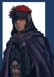 Rule 34 | 1boy, aduti momoyama, cape, closed mouth, clothing cutout, dark skin, fingerless gloves, fire emblem, fire emblem: the blazing blade, fire emblem heroes, frown, gloves, hand up, highres, jaffar (fire emblem), male focus, navel, navel cutout, nintendo, official alternate costume, purple cape, purple gloves, red eyes, red hair, short hair, solo
