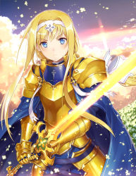 Rule 34 | 1girl, absurdres, alice zuberg, armor, blonde hair, blue cape, blue eyes, breastplate, cape, closed mouth, cloud, cloudy sky, cross, day, diffraction spikes, faulds, field, floating hair, flower, flower field, gauntlets, glowing, glowing petals, glowing sword, glowing weapon, gold armor, hair between eyes, hair ribbon, hairband, highres, holding, holding sword, holding weapon, long hair, looking at viewer, pauldrons, petals, ribbon, serious, shoulder armor, sidelocks, sky, solo, standing, sword, sword art online, taro (ultrataro), two-handed, v-shaped eyebrows, weapon, white hairband, white ribbon, yellow armor