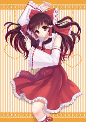 Rule 34 | 1girl, alha, arm up, bare shoulders, bow, brown hair, detached sleeves, female focus, hair bow, hakurei reimu, japanese clothes, long hair, looking at viewer, md5 mismatch, miko, red eyes, resolution mismatch, solo, source smaller, striped, striped background, touhou