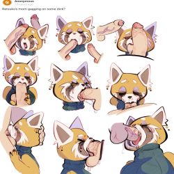 Rule 34 | 1girl, 2boys, @ @, aggressive retsuko, animal ears, animal nose, blush, blush stickers, brown fur, closed eyes, earrings, eyelashes, eyeliner, fellatio, furry, furry female, half-closed eyes, head grab, jewelry, makeup, mature female, multiple boys, open mouth, oral, penis, penis on face, red panda, red panda ears, red panda girl, retsuko&#039;s mother, runny makeup, saliva, simple background, sleeveless, sleeveless turtleneck, testicles, tongue, tongue out, turtleneck, veins, veiny penis, white background, xu53r