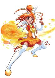 Rule 34 | 10s, 1girl, bike shorts, bike shorts under skirt, boots, bow, bowtie, brooch, choker, clenched hand, clenched hands, cure sunny, dress, fire, foreshortening, full body, hair bun, highres, hino akane (smile precure!), jewelry, magical girl, orange bow, orange bowtie, orange dress, orange hair, orange skirt, orange theme, ponsuke (iso fura bon), precure, red eyes, red shorts, short hair, shorts, shorts under skirt, single hair bun, skirt, smile, smile precure!, solo, thigh boots, thighhighs, white background