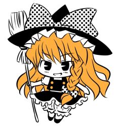 Rule 34 | 1girl, black skirt, black vest, blonde hair, bloomers, bow, braid, broom, buttons, chibi, frilled skirt, frills, hair bow, hat, hat bow, holding, holding broom, kirisame marisa, manosuke, monochrome, one-hour drawing challenge, open mouth, polka dot, polka dot bow, puffy sleeves, shirt, simple background, single braid, skirt, solo, touhou, underwear, vest, white background, white shirt, witch hat