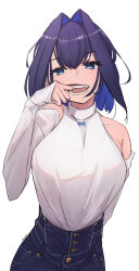 Rule 34 | 1girl, armpit crease, bare shoulders, blue eyes, blue hair, breasts, colored inner hair, denim, detached sleeves, fangs, finger to mouth, hair intakes, high-waist pants, highres, hololive, hololive english, jeans, large breasts, looking at viewer, malvar, medium hair, mouth pull, multicolored hair, open mouth, ouro kronii, ouro kronii (casual), pants, sleeves past wrists, virtual youtuber, white background
