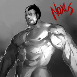 Rule 34 | 1boy, abs, bara, black hair, completely nude, darius (league of legends), facial hair, frown, groin, large pectorals, league of legends, looking at viewer, male focus, mature male, multicolored hair, muscular, muscular male, navel, nipples, nude, pectorals, rybiok, scar, scar across eye, scar on face, short hair, sideburns, solo, spot color, stomach, streaked hair, stubble, veins, white hair